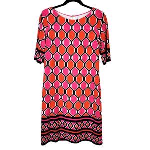 Eliza J Dress Women's 8 Pink Orange Geometric Pattern Short Sleeve Shift Lined